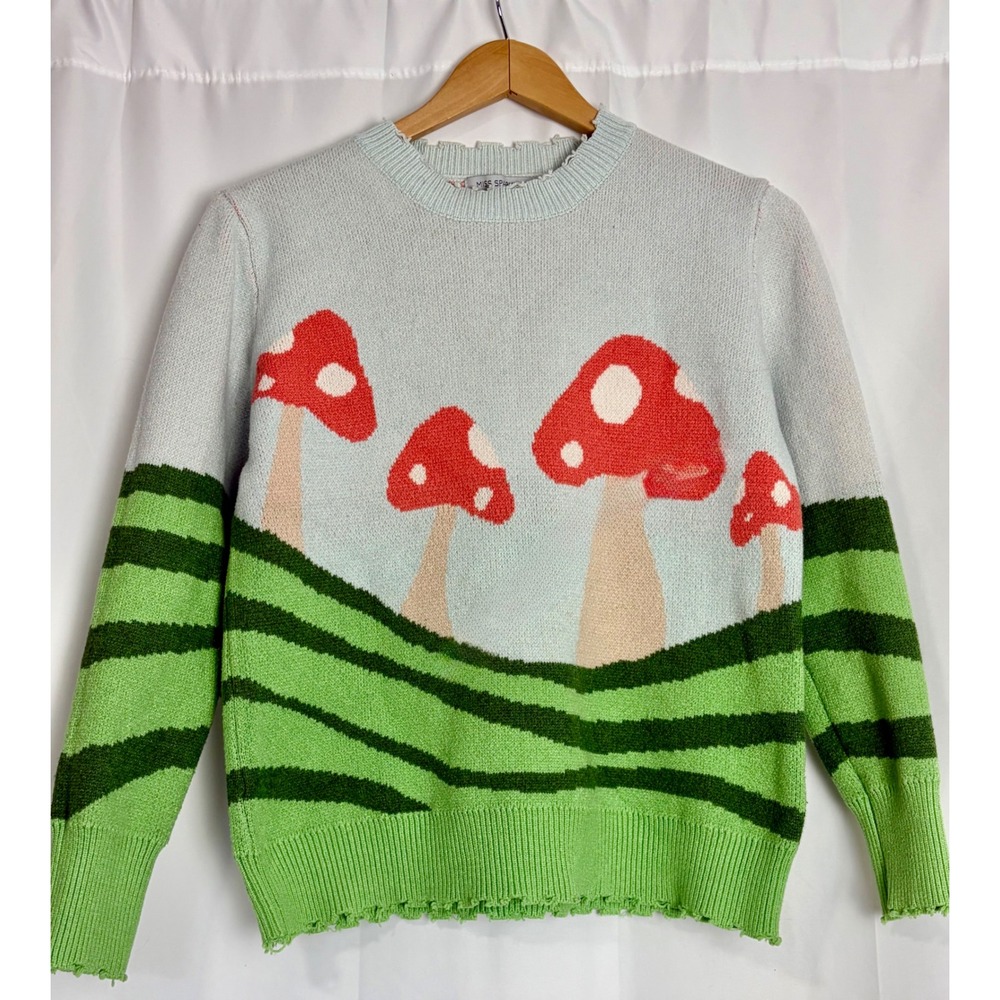 Mushroom Boho Cottagecore Distressed Crewneck Sweater Blue Green Medium